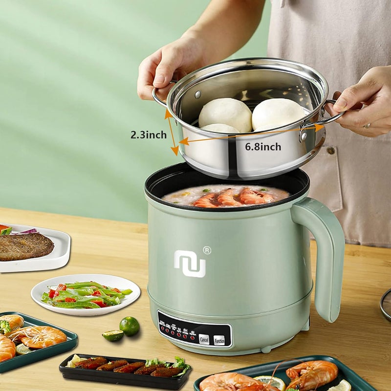 NUNET Smart Mini Hot Pot with Timer and Automatic Shut Off 1.2L Non-Stick Rapid Noodle Cooker w Stainless Steel Steamer Basket 600W Quick Cook 5 Cooking Modes for Soup, Rice (1cup) , Porridge, Pasta Great for 1-2 Persons (Green) - Image 2